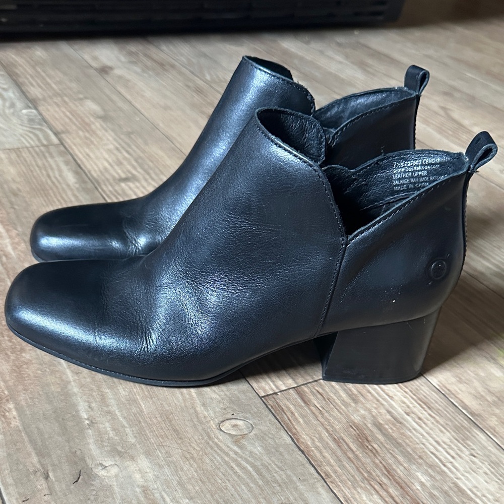 Born Black Leather Ankle Booties with Low Block Heel